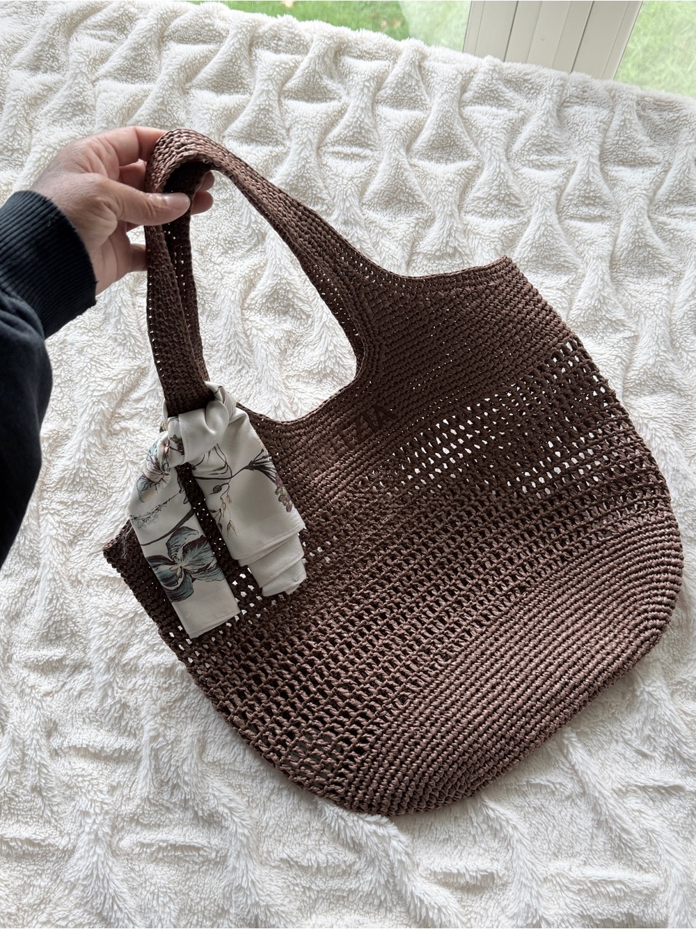 Aritzia Awayday Tote Brown Crochet Raffia Bag + Floral Silk Scarf - Picture 5 of 9